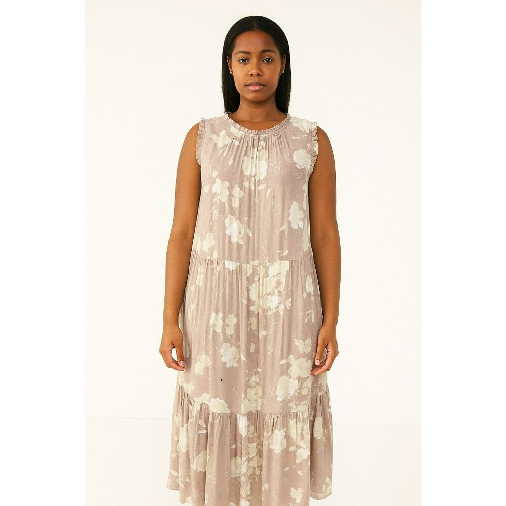 Calista Womens Sleeveless Floral Tiered Maxi Dress Size S Beige & White Front Po